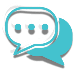 Two overlapping turquoise and white chat bubbles, with the top bubble containing four white dots arranged horizontally, suggesting an ongoing conversation. The background is transparent.