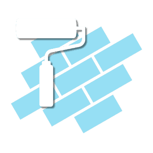 Icon of a white paint roller on a black background. Behind it, blue bricks are arranged in a slanted pattern.