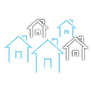 Outline of five house icons on a black background, with two in light blue and three in white, arranged in a staggered formation.