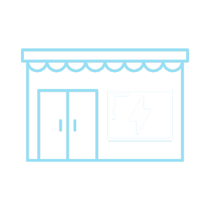 A minimalist blue outline of a storefront with double doors and a window displaying a lightning bolt symbol, suggesting an electronics or electric goods store.