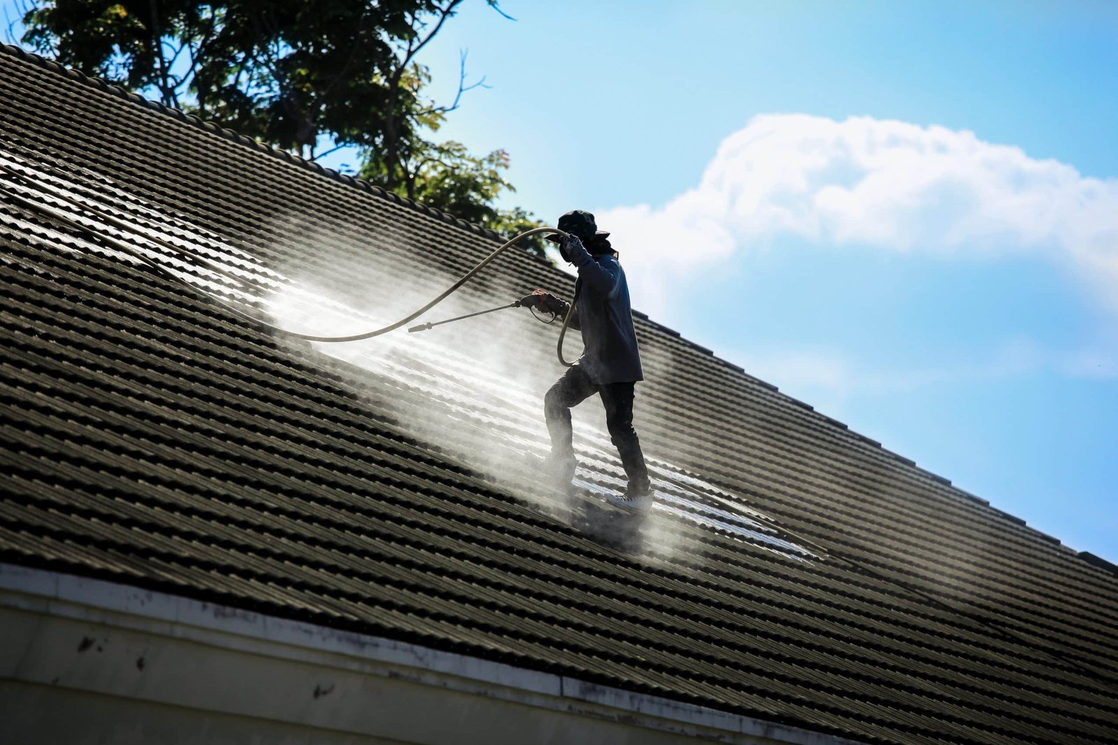 Worker power washes a shingled roof in bright daylight, surrounded by trees and a partly cloudy sky. Water sprays in a mist as the worker stands on the slope, holding a long hose with both hands.
