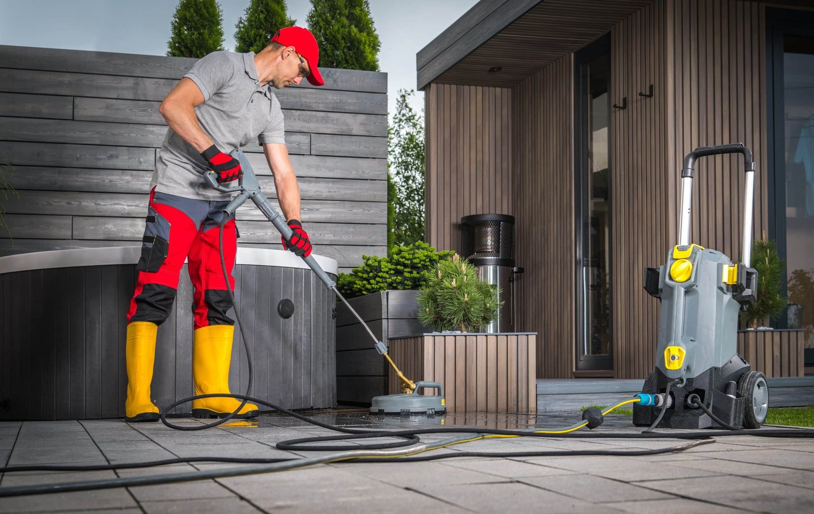 A person wearing red and black work pants, a gray shirt, yellow boots, and a red cap is using a power washer to clean a patio beside a wooden building. Various plants and equipment are in the background.