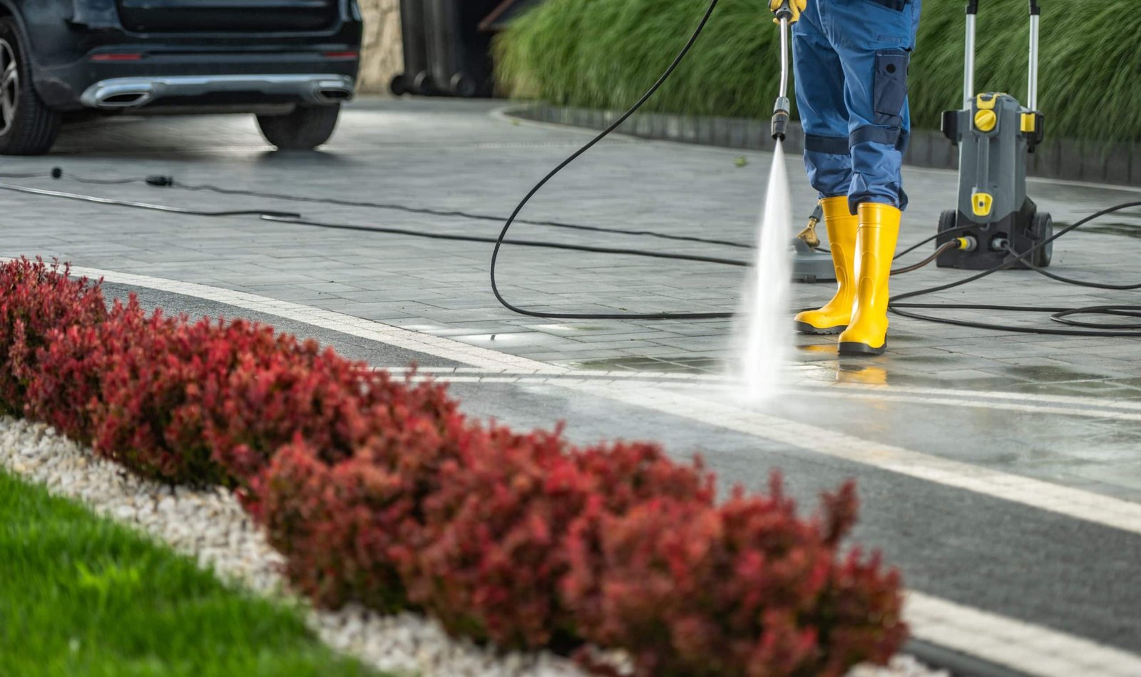 Person wearing yellow boots uses a pressure washer to clean a paved driveway. Red bushes and green grass line the edge of the driveway. A black vehicle is parked nearby.