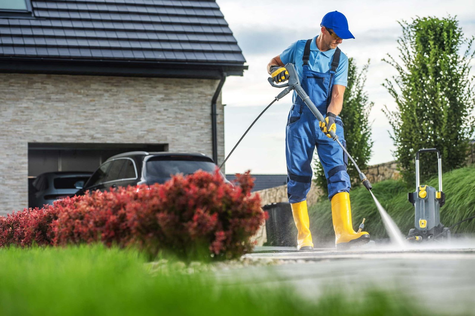 A person in blue overalls and a cap is pressure washing a driveway near a house. They are wearing yellow boots and standing beside shrubs with red flowers. A car is partially visible in the garage. The sky is slightly cloudy.