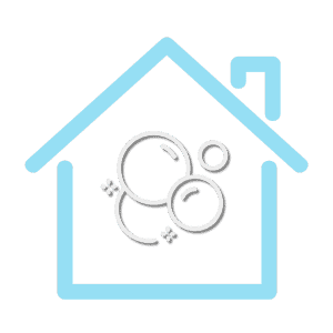 Icon of a house outlined in blue with a white graphic of bubbles inside. A small chimney is depicted on the right side of the roof. The image suggests cleanliness or cleaning services.