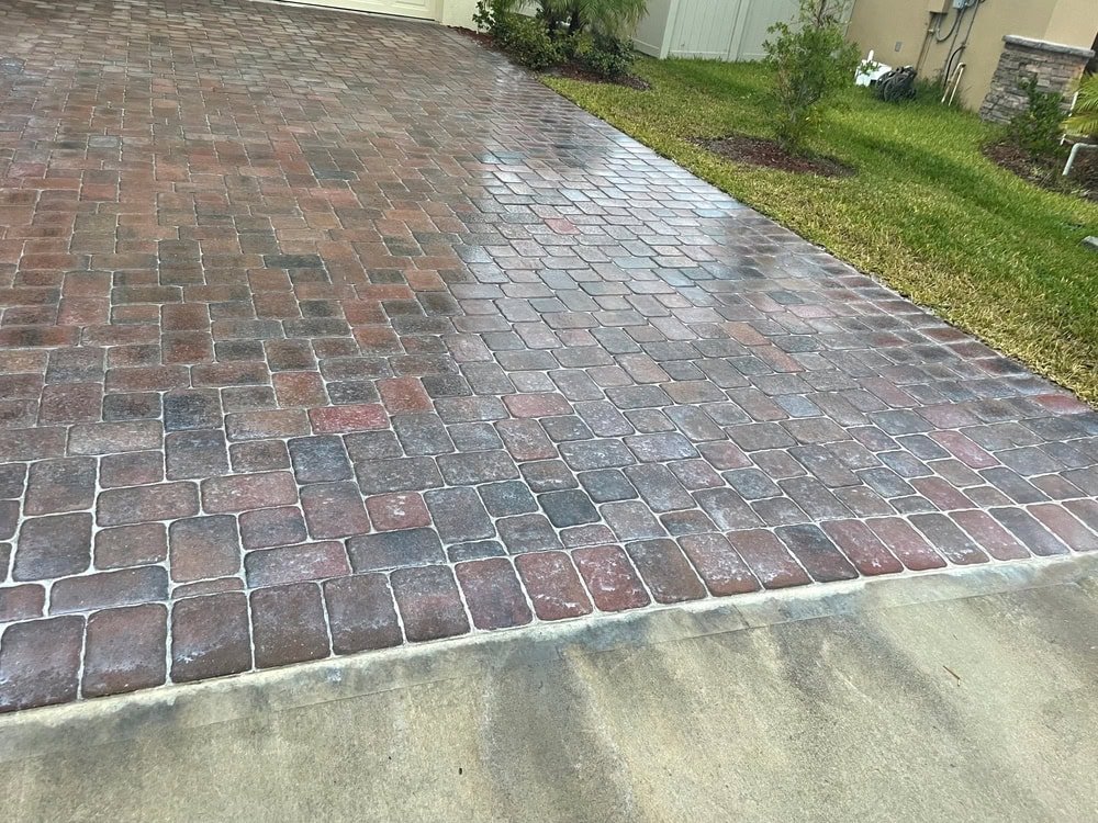 A driveway made of wet, multicolored brick pavers leads up to a house. The pavers are bordered by a concrete edge, with grass and small shrubs on the side. The bricks appear darker from moisture.