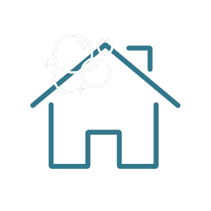 A minimalist blue outline of a house with white bubbles above the roof, representing cleanliness or house cleaning.