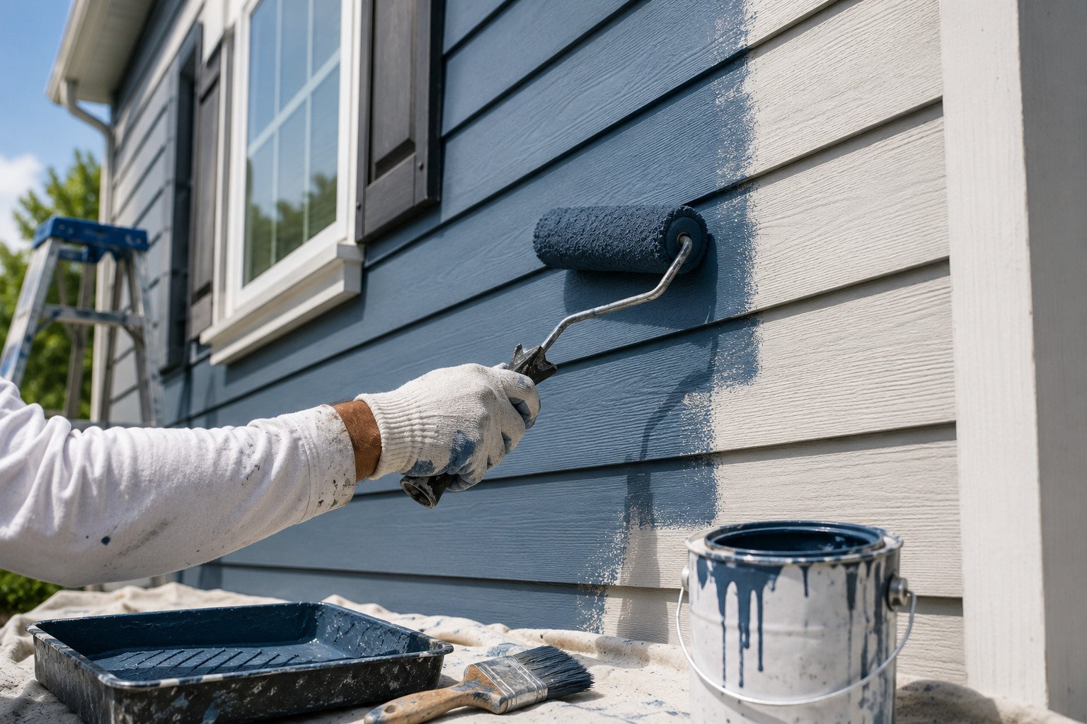 A person wearing a white glove uses a paint roller to apply blue paint to the exterior siding of a house. A paint can, paint tray, and brush are nearby on a drop cloth. A ladder is visible in the background.