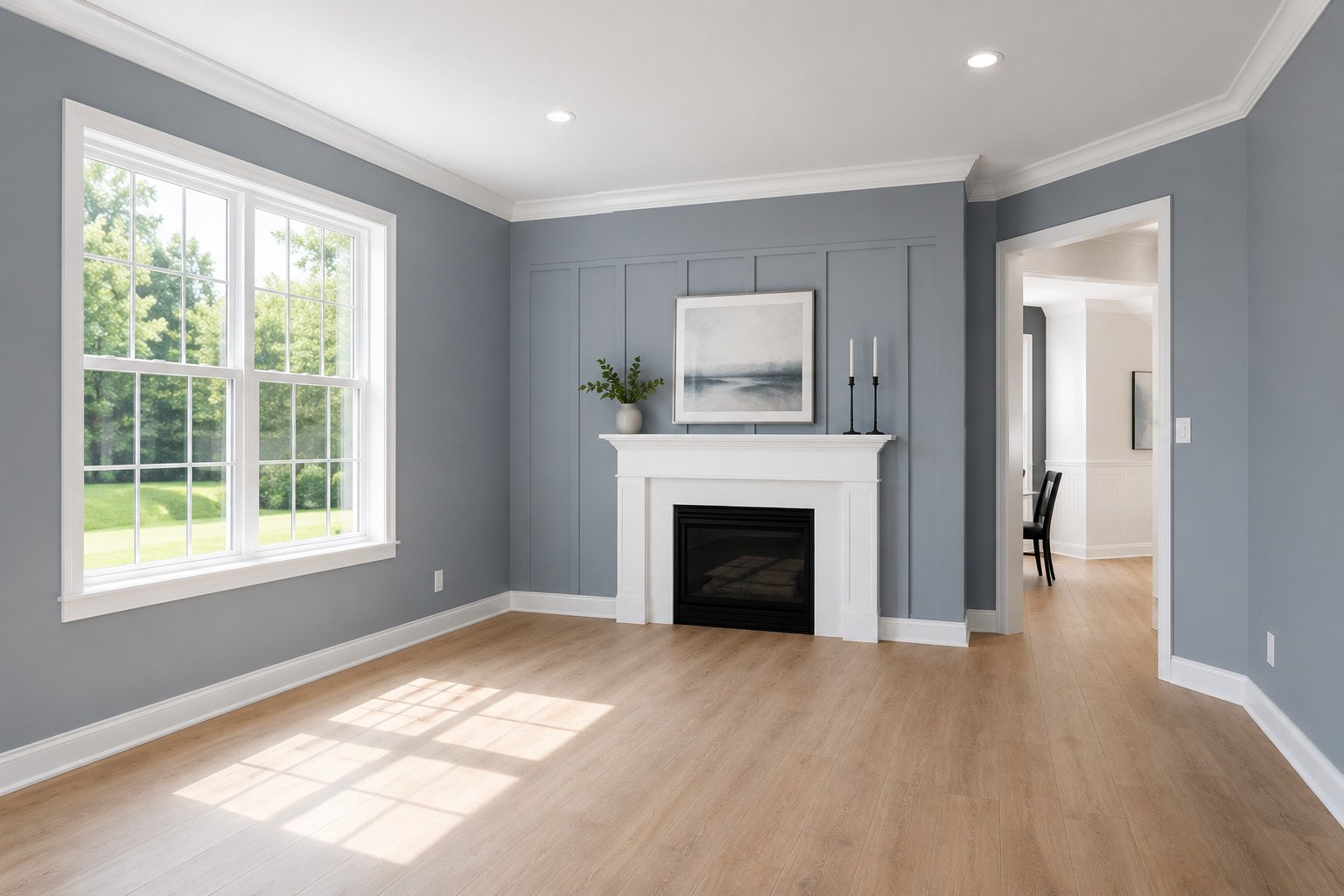A bright, empty living room with light wood floors, blue-gray walls, a white framed window, and a white fireplace decorated with a plant, candles, and framed art. Sunlight streams in from the window.