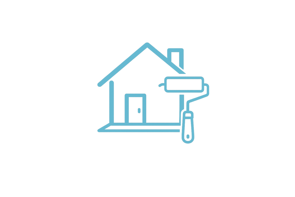 Blue outline of a house with a paint roller overlapping the right side, symbolizing home improvement or painting services, as well as tick and mosquito spraying Long Island NY, on a white background.