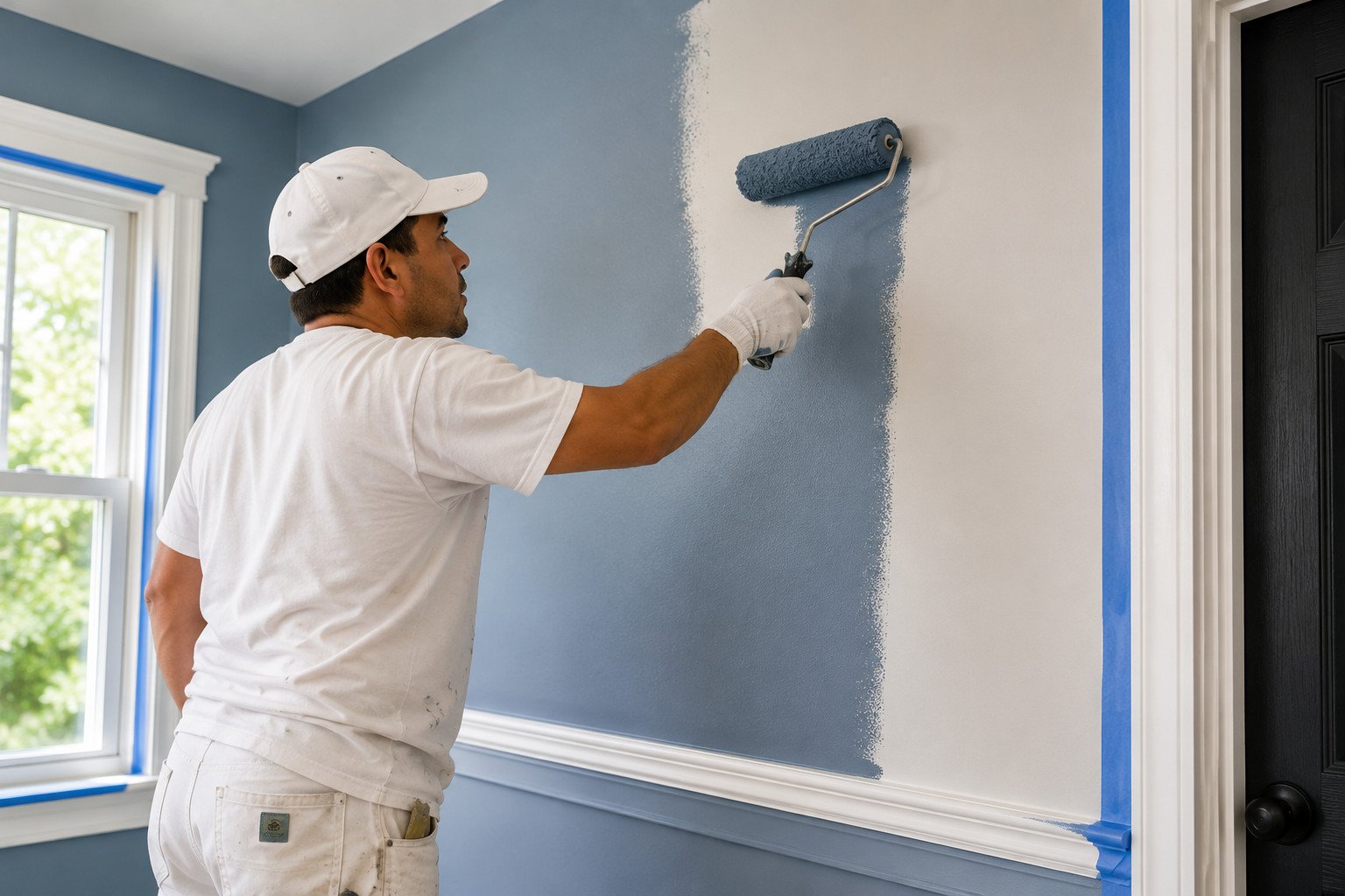 A person in white painting clothes uses a roller to paint a light-colored wall with blue paint in a room. Blue painter’s tape lines the edges, and sunlight comes through a nearby window.