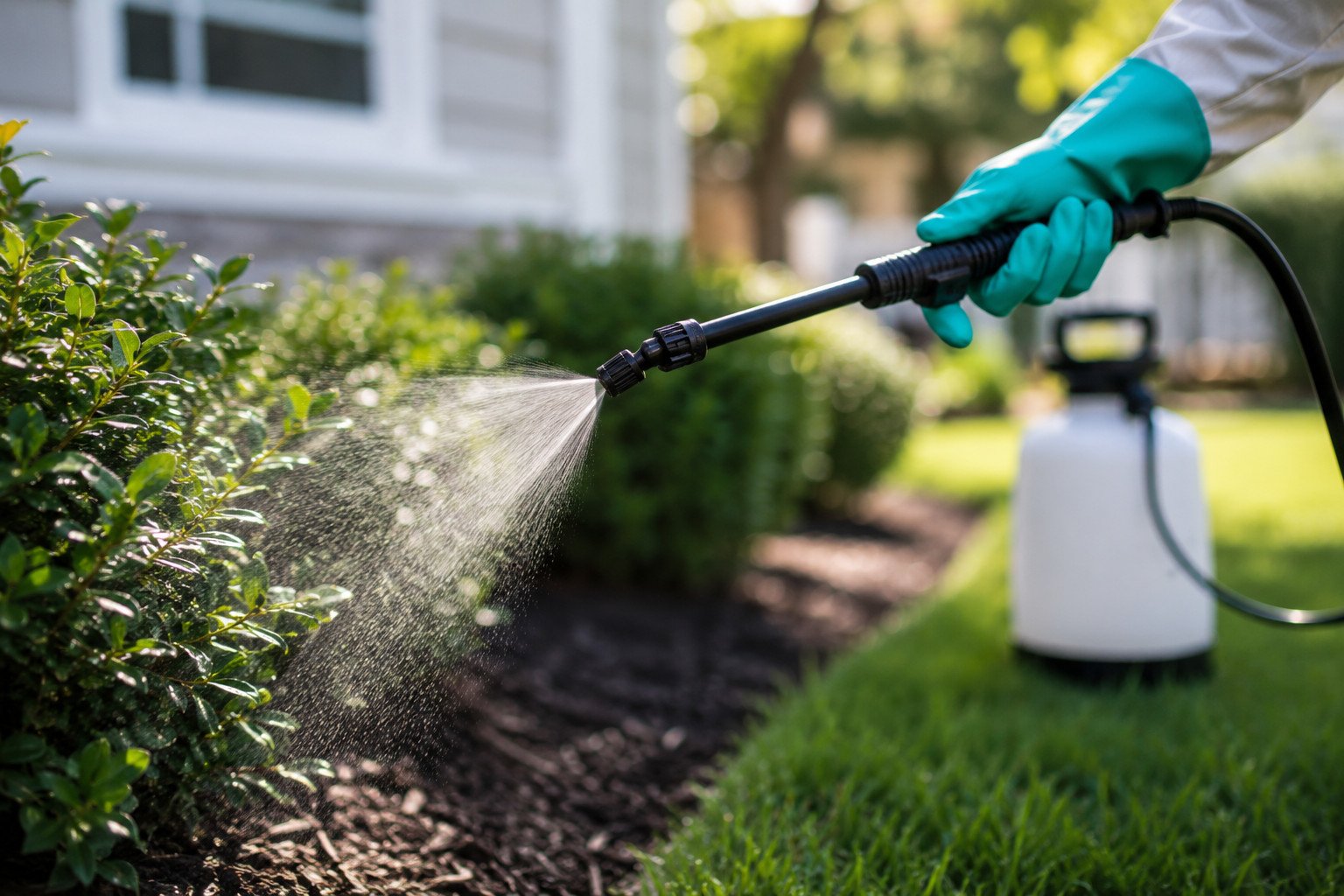 A person wearing teal gloves sprays liquid from a garden sprayer onto green shrubs along a house, performing tick and mosquito spraying in Long Island, NY, with mulch and grass visible in a neatly maintained yard.