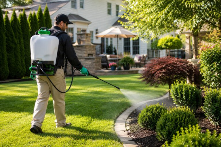 A person wearing gloves and a backpack sprayer is performing tick and mosquito spraying in a landscaped Long Island NY backyard, surrounded by trimmed bushes, green grass, and outdoor furniture.