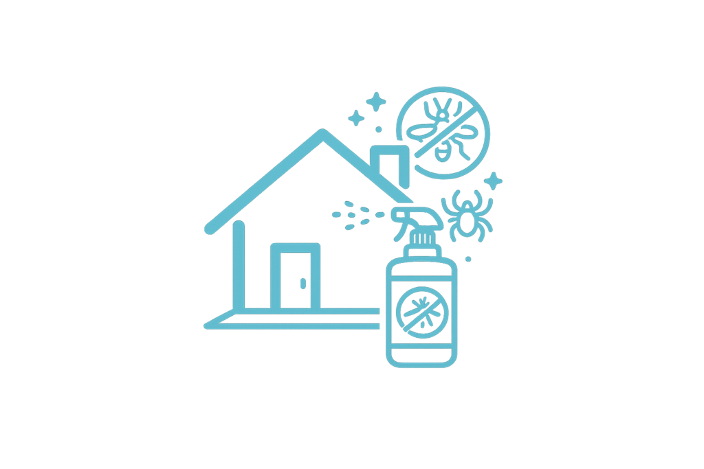 Blue line drawing of a house with a spray bottle labeled with a bug icon, representing pest control. Includes bugs and a prohibition symbol, highlighting tick and mosquito spraying Long Island NY to eliminate insects from the home.