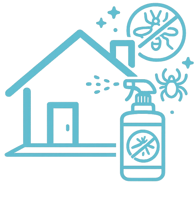 Blue line drawing of a house with a spray bottle labeled with a bug icon, representing pest control. Includes bugs and a prohibition symbol, highlighting tick and mosquito spraying Long Island NY to eliminate insects from the home.