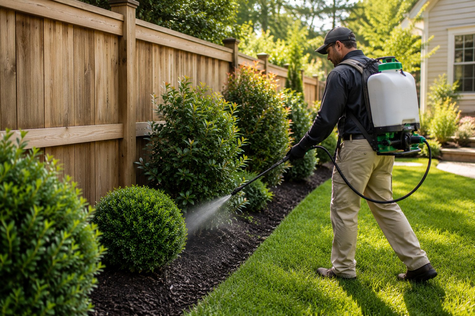 A person wearing a backpack sprayer applies tick and mosquito spraying Long Island NY treatments to bushes along a neatly landscaped garden bed, beside a wooden fence and green lawn, on a sunny day.