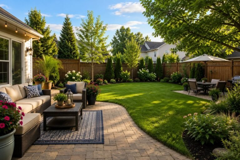 Backyard lawn, patio, and outdoor living area in Huntington, NY