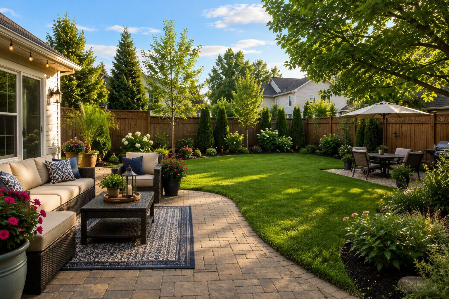 Backyard lawn, patio, and outdoor living area in Huntington, NY