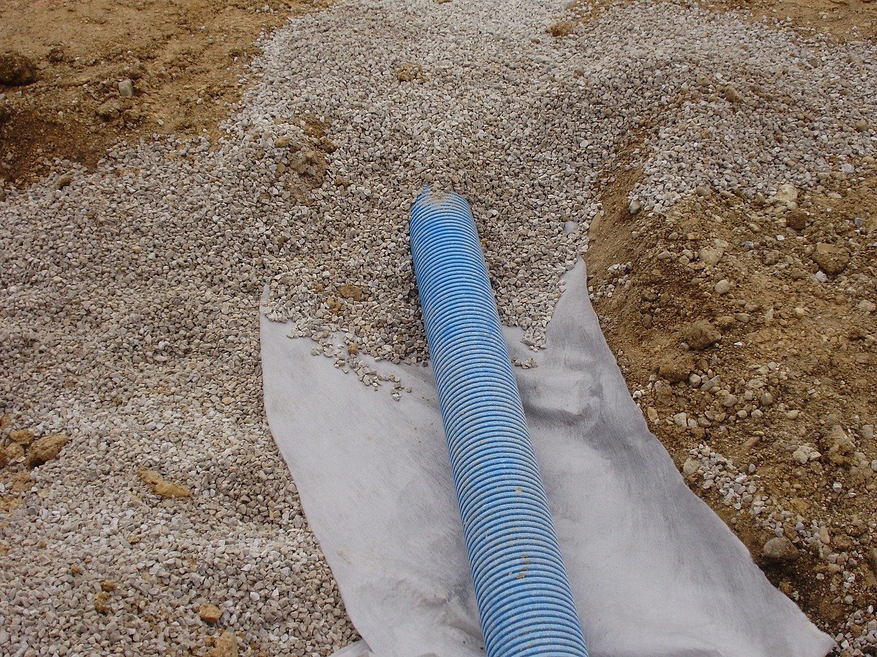 Open French drain trench with perforated pipe, gravel bed and filter fabric