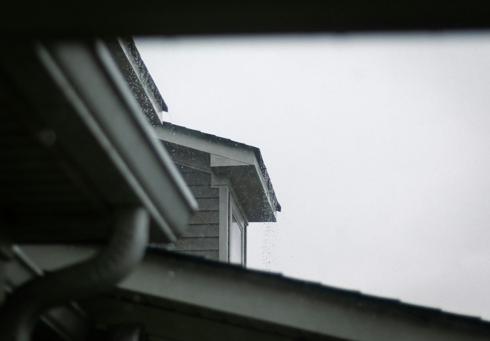 Rainwater running off a house gutter, the runoff an underground diversion carries away