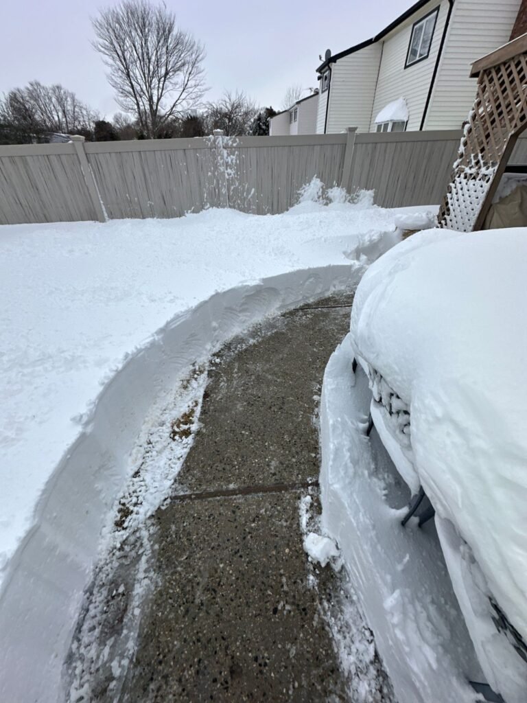 Backyard walkway cleared through deep snow beside a fence