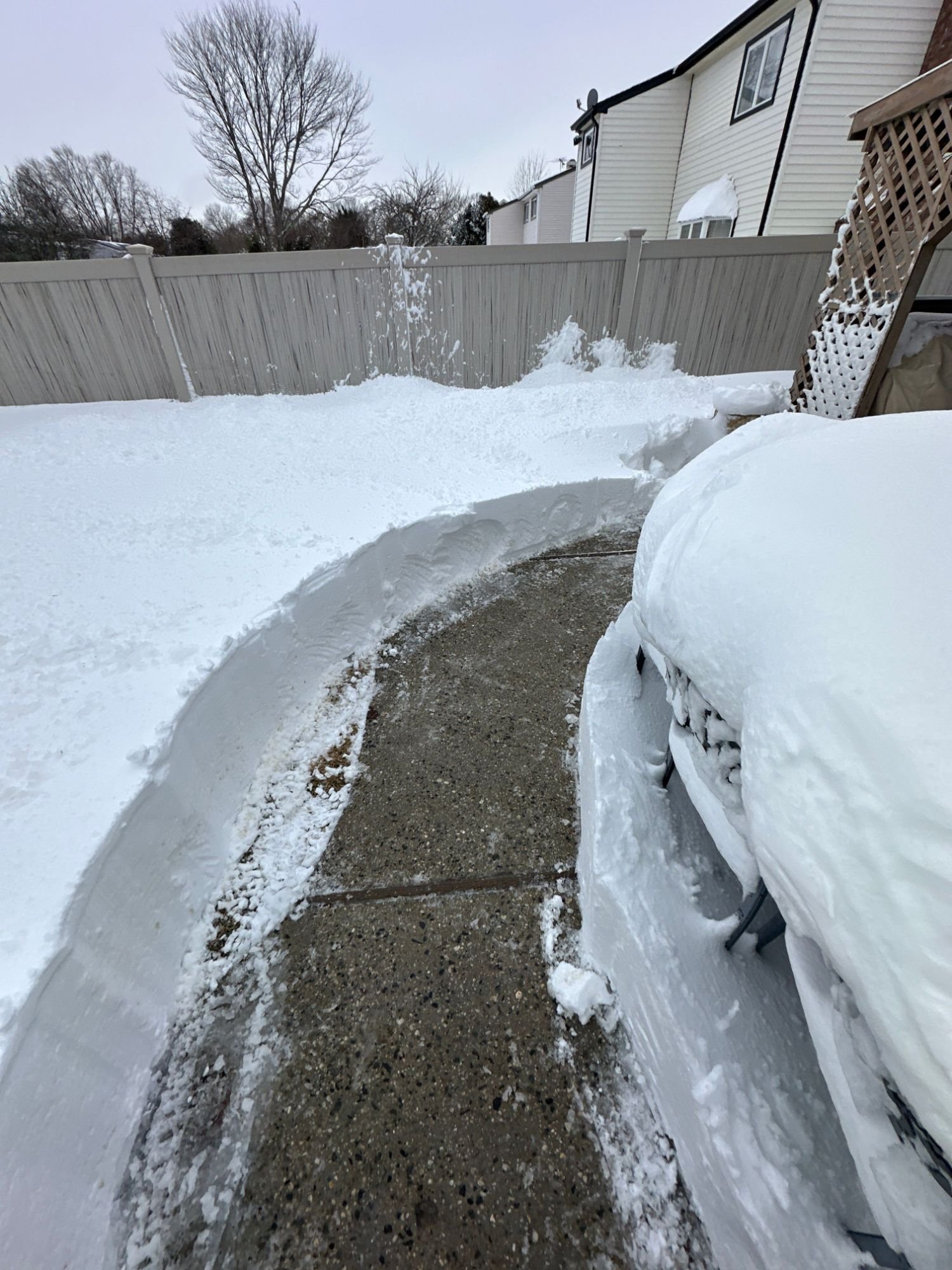 Backyard walkway cleared through deep snow beside a fence